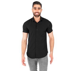 پیراهن نخی مردانه استین کوتاه مشکی ساده مدل 43806