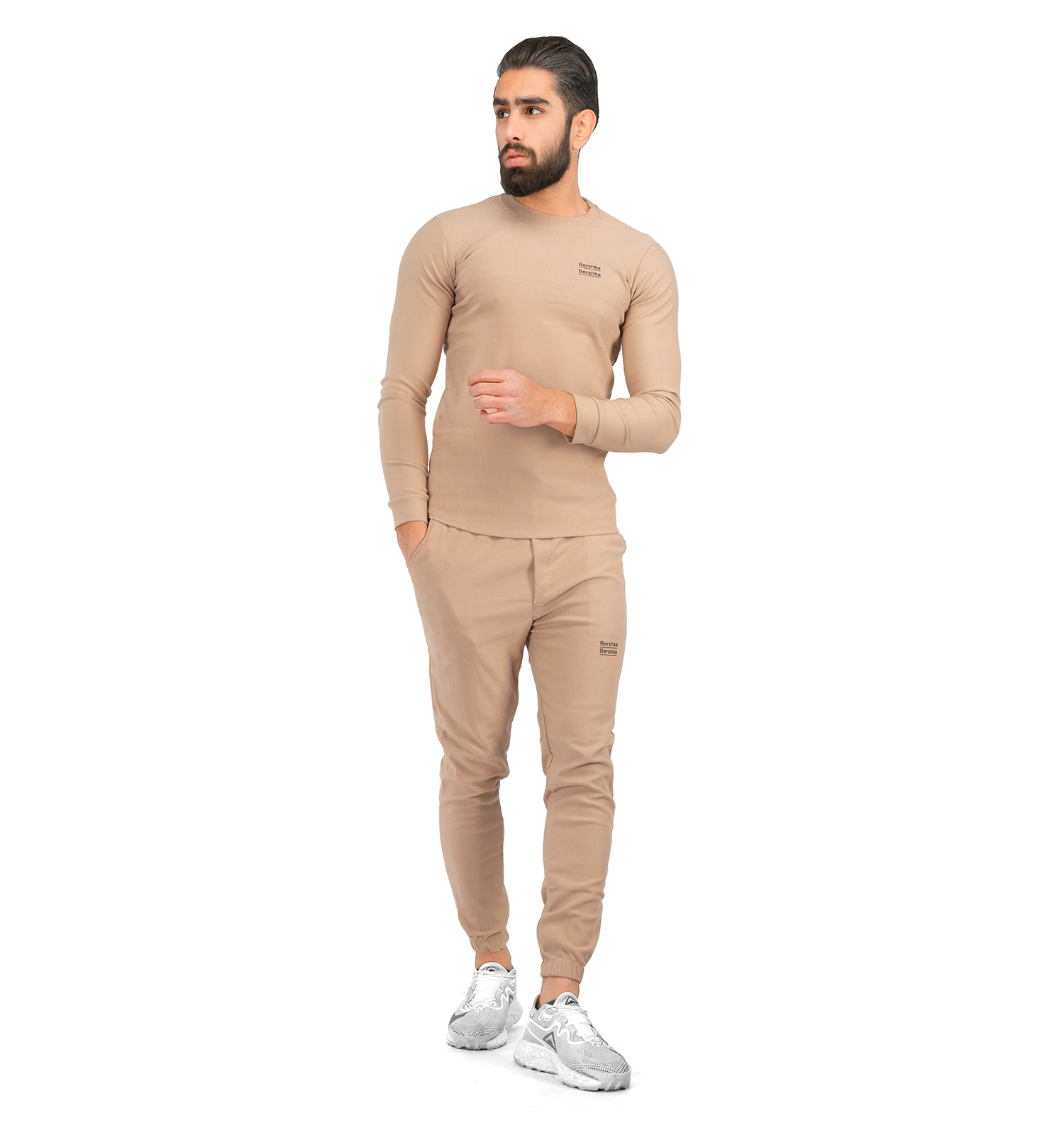 ست بلوز شلوار مردانه آستین بلند کرمی ساده یقه گرد مدل 41725