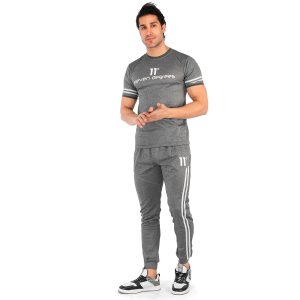 ست تیشرت شلوار مردانه آستین کوتاه طوسی ساده یقه گرد مدل 43051