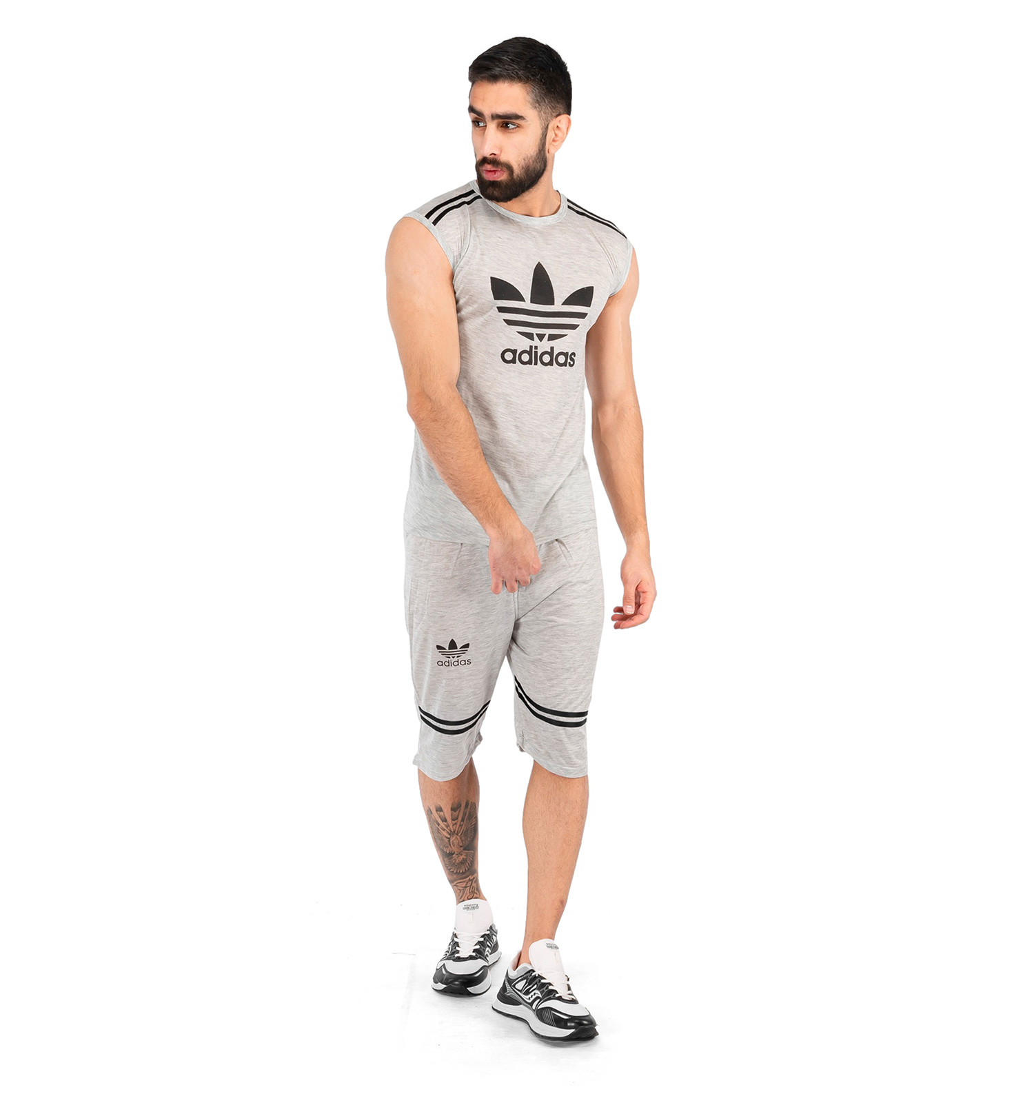 ست رکابی شلوارک مردانه آستین حلقه ای Adidas ساده یقه گرد مدل 43110