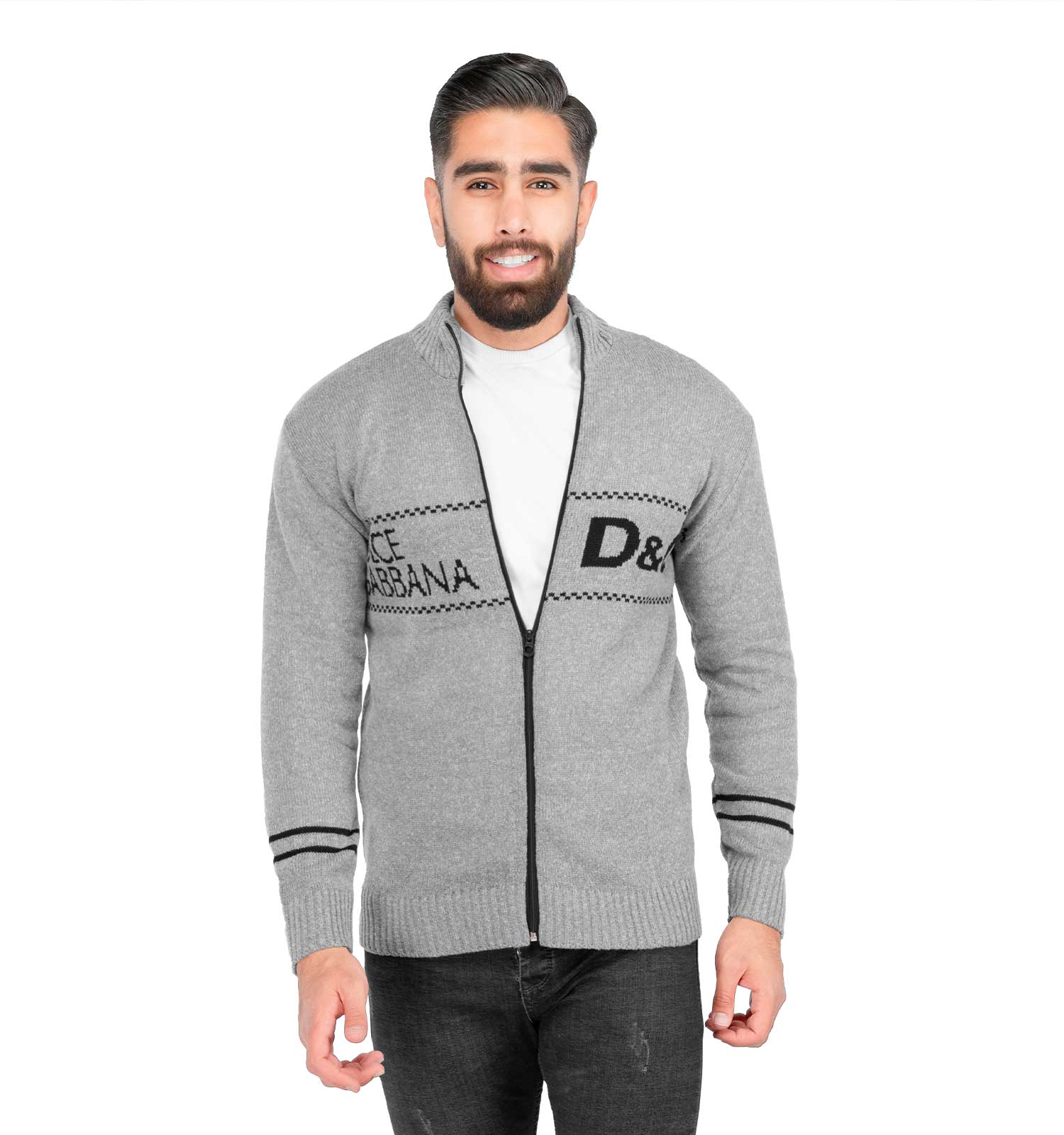ژاکت بافت مردانه زیپ دار یقه ایستاده طوسی D & G مدل 40159