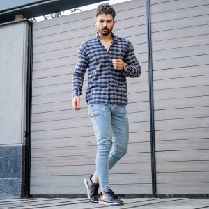 پیراهن چهار خونه آبی مردانه مدل Morik