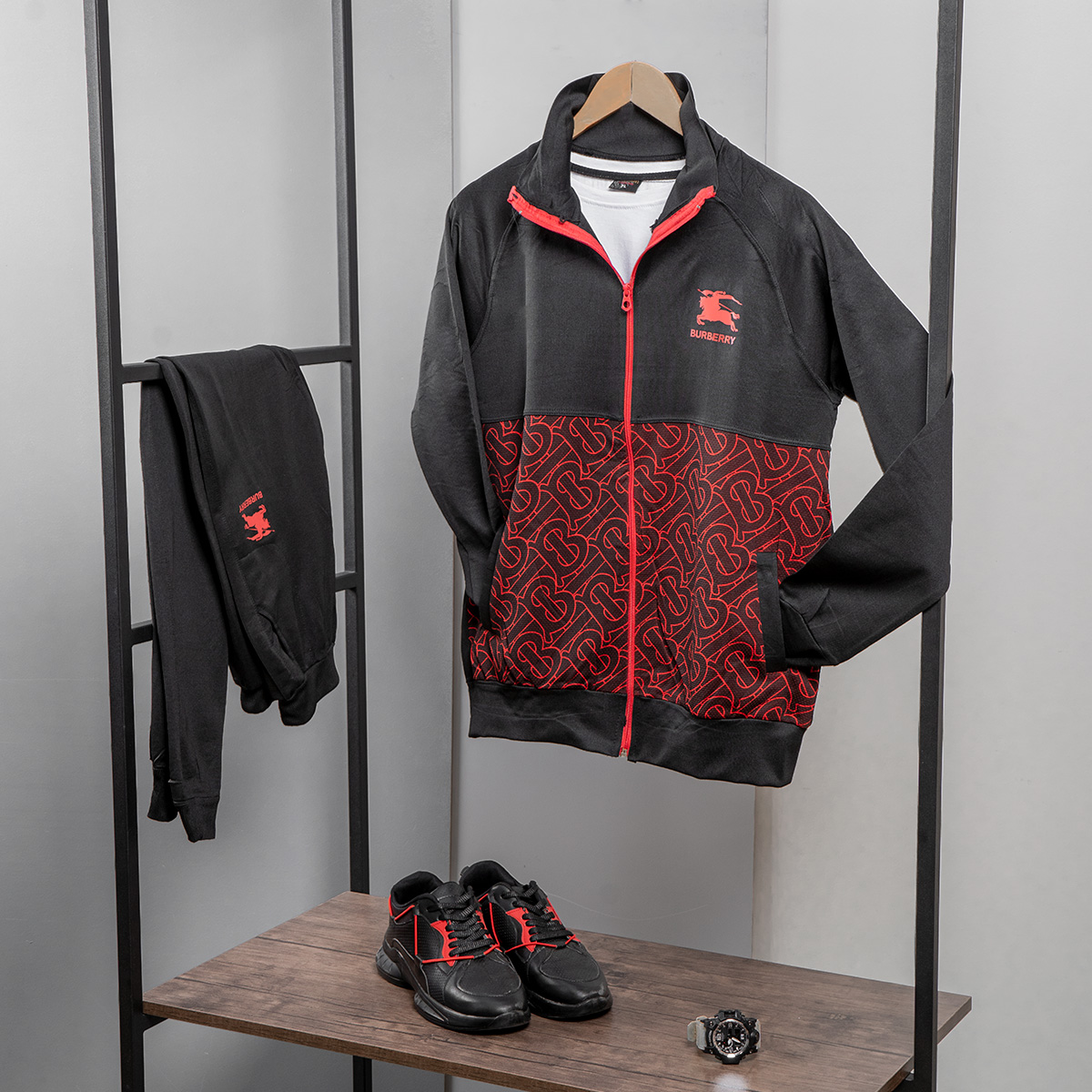 ست سویشرت شلوار BURBERRYمردانه مشکی قرمز مدل Arka
