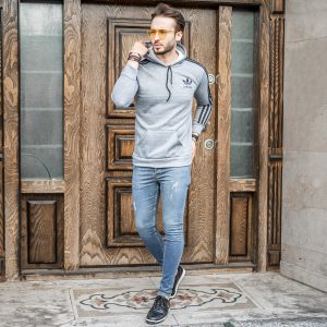 هودی مردانه آدیداس آستین خط دار مدل Tekin