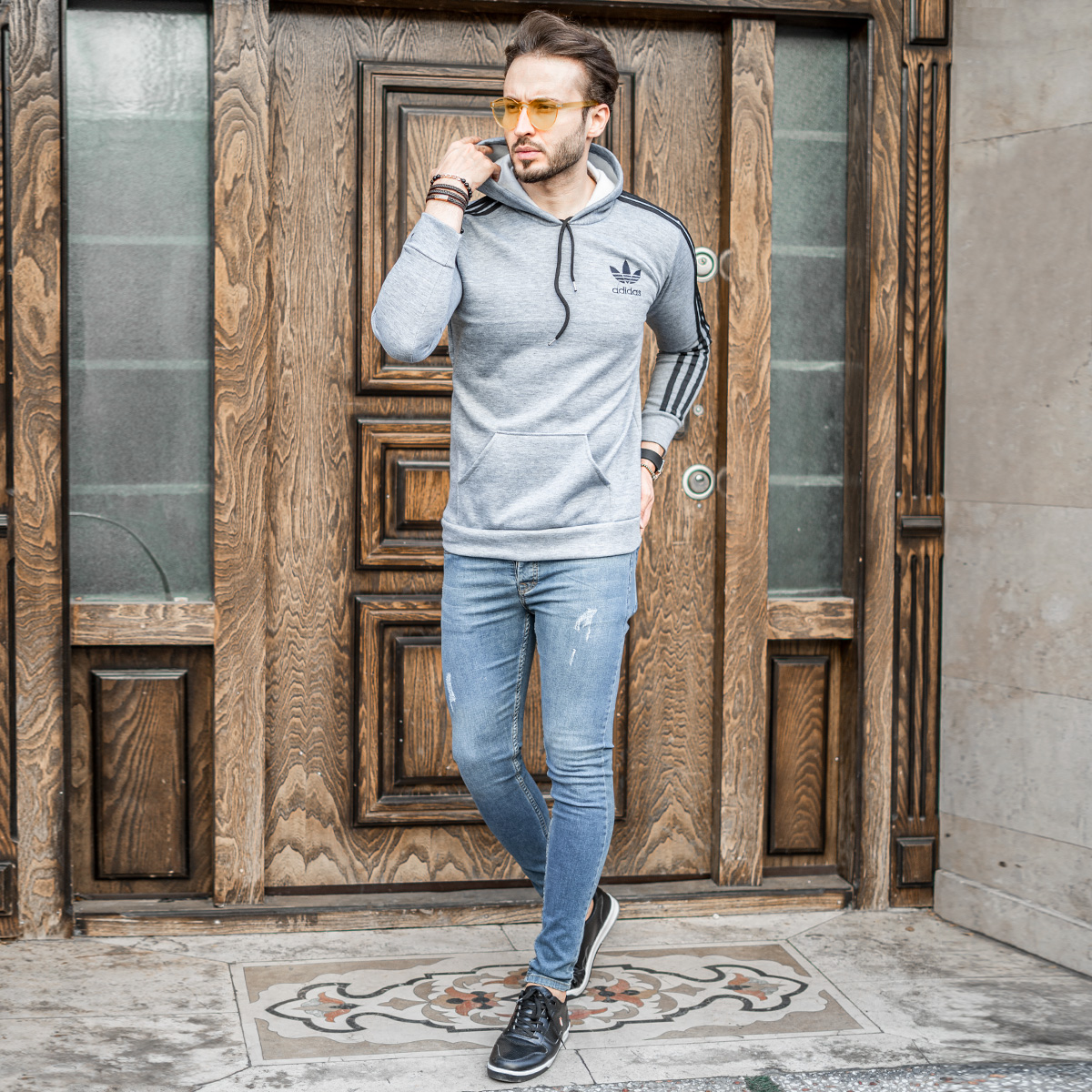 هودی مردانه آدیداس آستین خط دار مدل Tekin