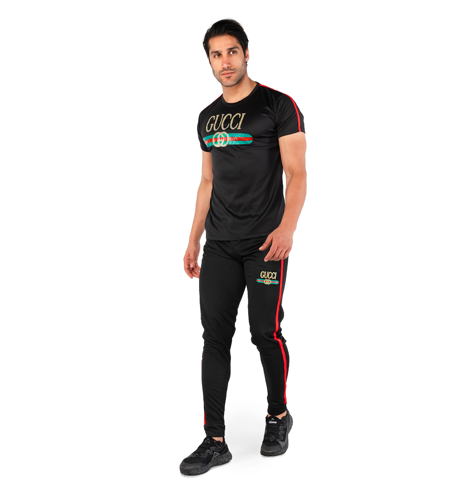 ست تیشرت شلوار مردانه آستین کوتاه مشکی Gucci ساده یقه گرد مدل 44501