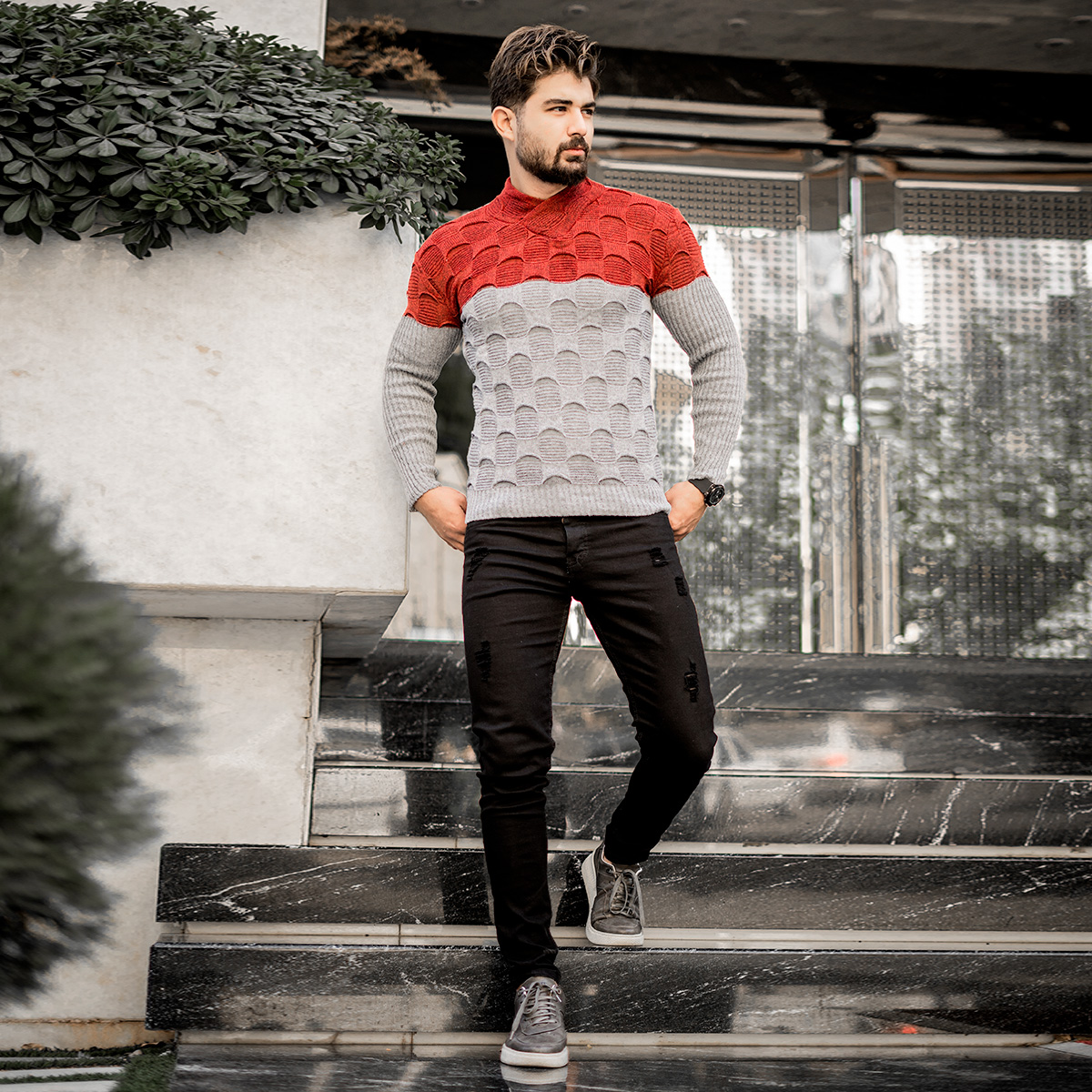 پلیور دورنگ قرمزطوسی مردانه مدل Arkia