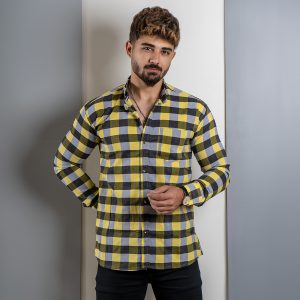 پیراهن چهارخانه زرد مردانه مدل unam