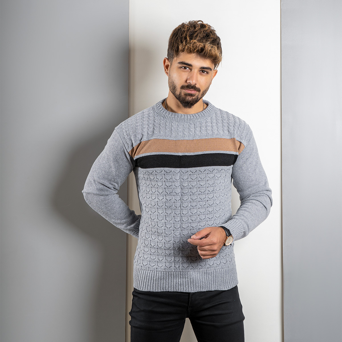 پلیور مردانه طوسی روشن T یقه گرد مدل Ariya