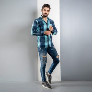 پیراهن چهارخانه سبز آبی مدل fan