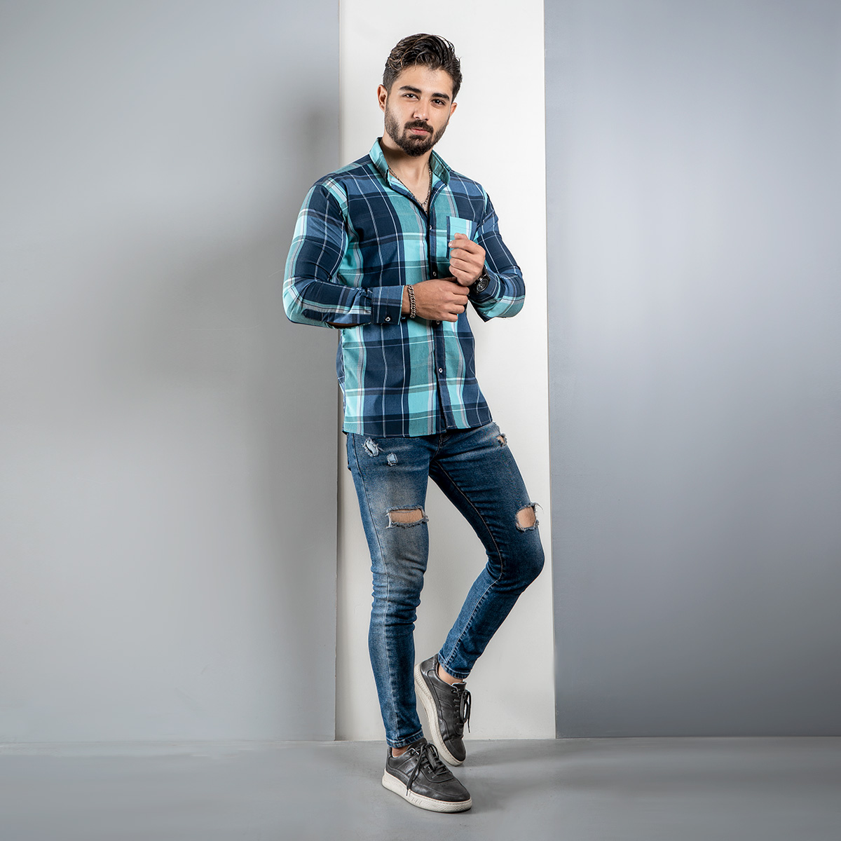 پیراهن چهارخانه سبز آبی مدل fan