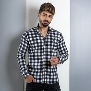 پیراهن مردانه چهارخونه سفید مشکی مدل Woodi