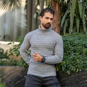 پلیور اندامی یقه اسکی طوسی روشن مردانه مدل otik