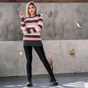 تونیک بافت زنانه راه راه مشکی صورتی مدل kareno