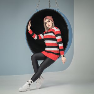 تونیک بافت زنانه راه راه سرخابی مشکی مدل kareno