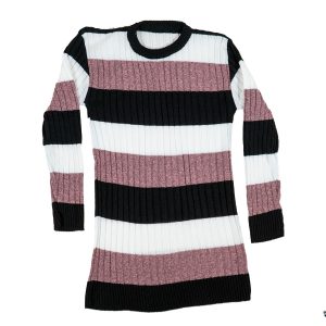 تونیک بافت زنانه راه راه سفید گلبهی مدل kareno