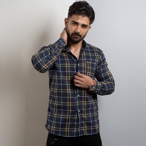 پیراهن راه راه مردانه سرمه ای زرد مدل arshia