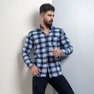 پیراهن چهارخونه مردانه T سفید آبی مدل Amir