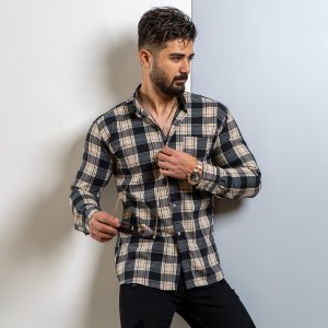 پیراهن چهارخونه کرم طوسی مردانه مدل amir