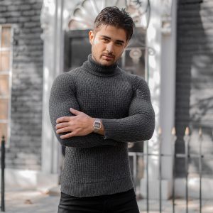 پلیور یقه اسکی مردانه طوسی تیره مدل Oktav