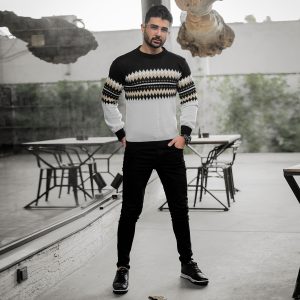 پلیور ژاکارد سفید مشکی مردانه مدل Sami