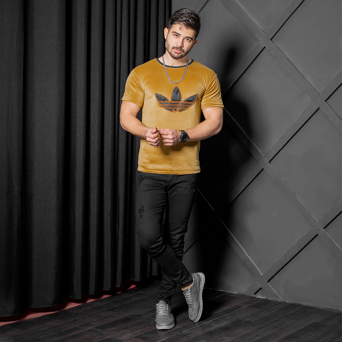 تیشرت مخملی خردلی Adidas مردانه مدل Rasa