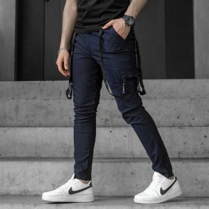 شلوار اسلش شش جیب بند دار سرمه ای مدل kamo