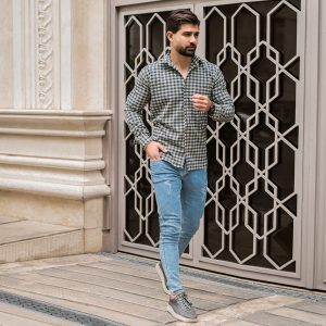 پیراهن مردانه T چهار خونه ریز لیمویی کمرنگT78