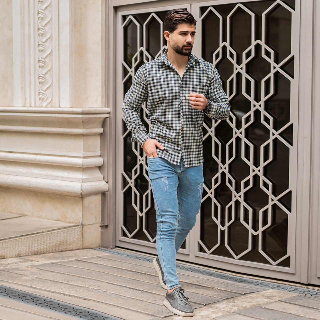 پیراهن مردانه T چهار خونه ریز لیمویی کمرنگT78