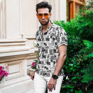 پیراهن هاوایی طرح نوشته سفید مردانه مدل Gucci