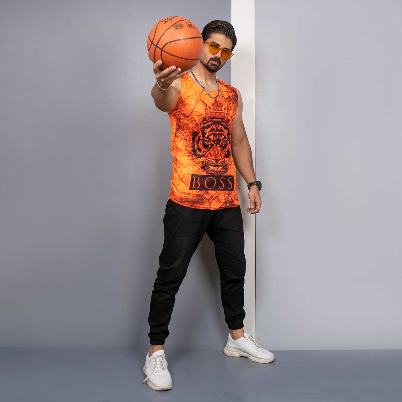 رکابی T نارنجی طرح ببر مردانه مدل Boss