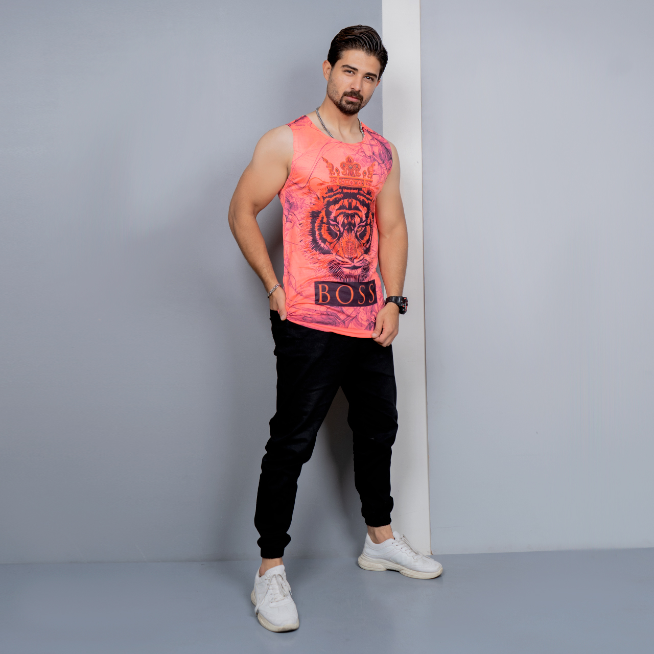 رکابی T صورتی طرح ببر مردانه مدل Boss