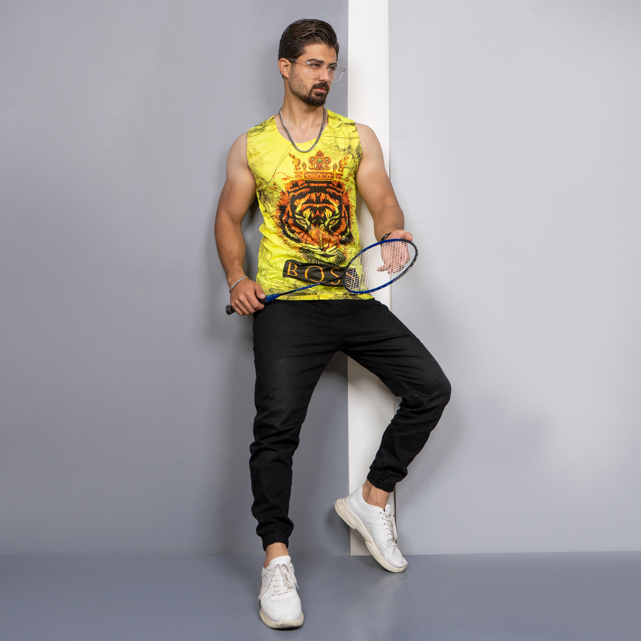 رکابی T زردطرح ببر مردانه مدل Boss