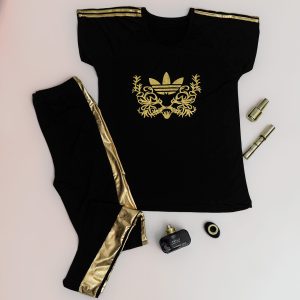 ست تیشرت شلوار طرح Adidas مشکی طلایی زنانه مدل 406
