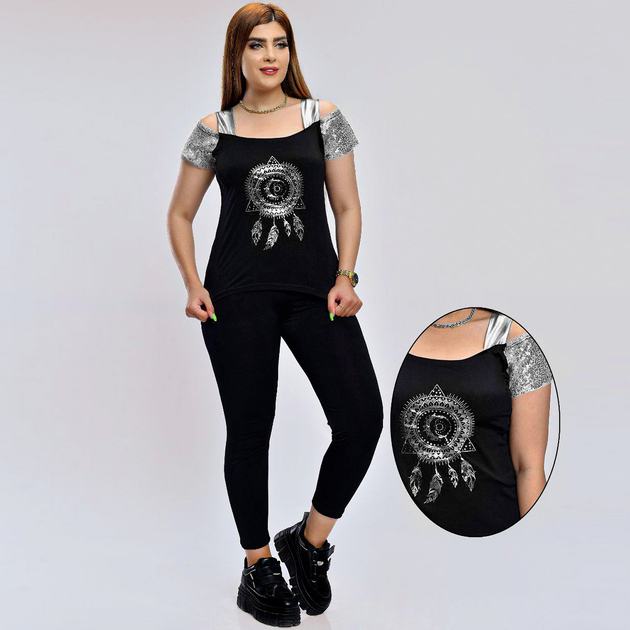 ست تاپ شلوار زنانه طرح third eye نقره ای مدل Rozi