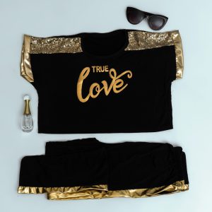 ست تیشرت شلوار love زنانه طلایی مدل Raha