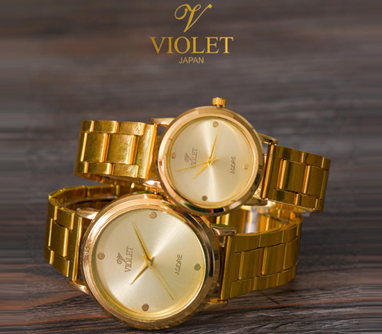 ست ساعت مچی مردانه زنانه Violet مدل Lara بند فلزی طلایی