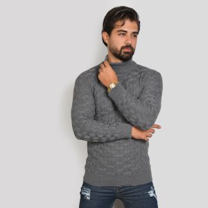 پلیور یقه اسکی طوسی تیره طرح لوزی مردانه مدل G10