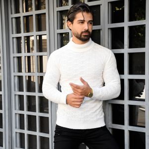 پلیور یقه اسکی سفید طرح لوزی مردانه مدل G10