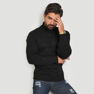 پلیور یقه اسکی مشکی طرح کرکره ای مردانه مدل R10