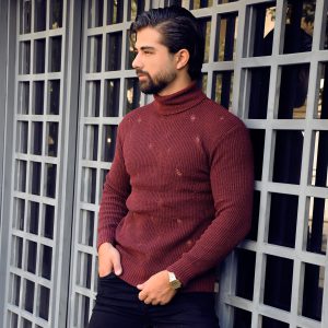 پلیور یقه اسکی زرشکی زاپ دار مردانه مدل U10