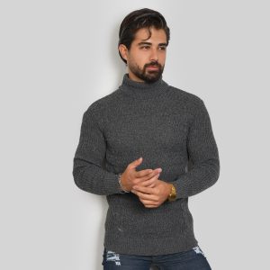 پلیور یقه اسکی طوسی تیره طرح راه راه مردانه مدل T10