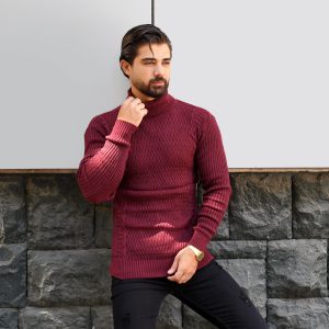 پلیور یقه اسکی زرشکی طرح راه راه مردانه مدل T10