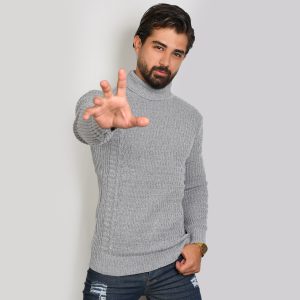 پلیور یقه اسکی طوسی روشن طرح راه راه مردانه مدل T10