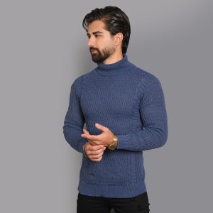 پلیور یقه اسکی آبی طرح راه راه مردانه مدل T10