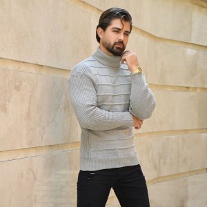 پلیور یقه اسکی طوسی روشن طرح کرکره ای مردانه مدل R10