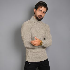 پلیور یقه اسکی کرم طرح راه راه مردانه مدل T10