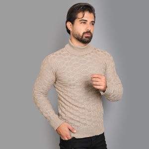 پلیور یقه اسکی کرم طرح لوزی مردانه مدل G10
