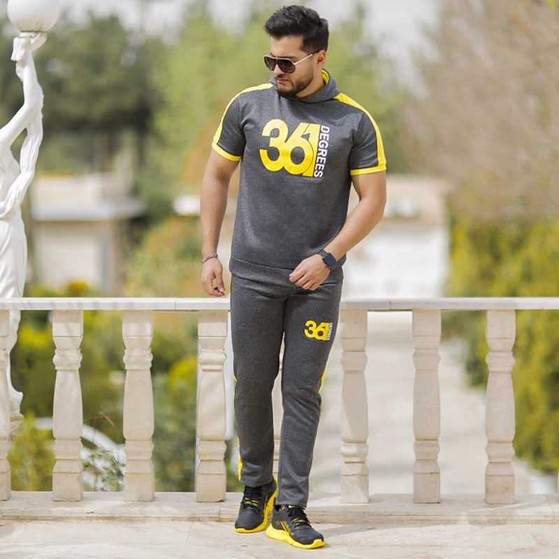 ست تیشرت شلوار مردانه کلاهدار ۳۶۱ مدل Alfa زغالی