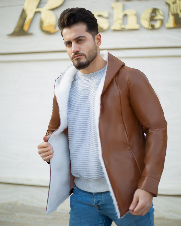 هودی چرم لبه خز مردانه مدل Noyan قهوه ای